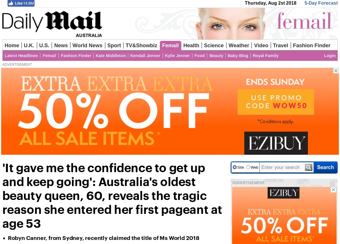 Daily Mail Australia (2nd August, 2018_ 'It gave me the confidence to get up and keep going': Australia's oldest beauty queen, 60, reveals the tragic reason she entered her first pageant at the age 53